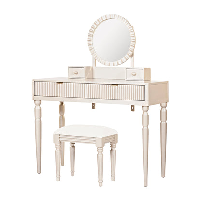 Luxury Vanity Desk with Round Mirror,Height-Adjustable, Stylish Dressing Table Set, 4 Drawers & Stool, Champagne