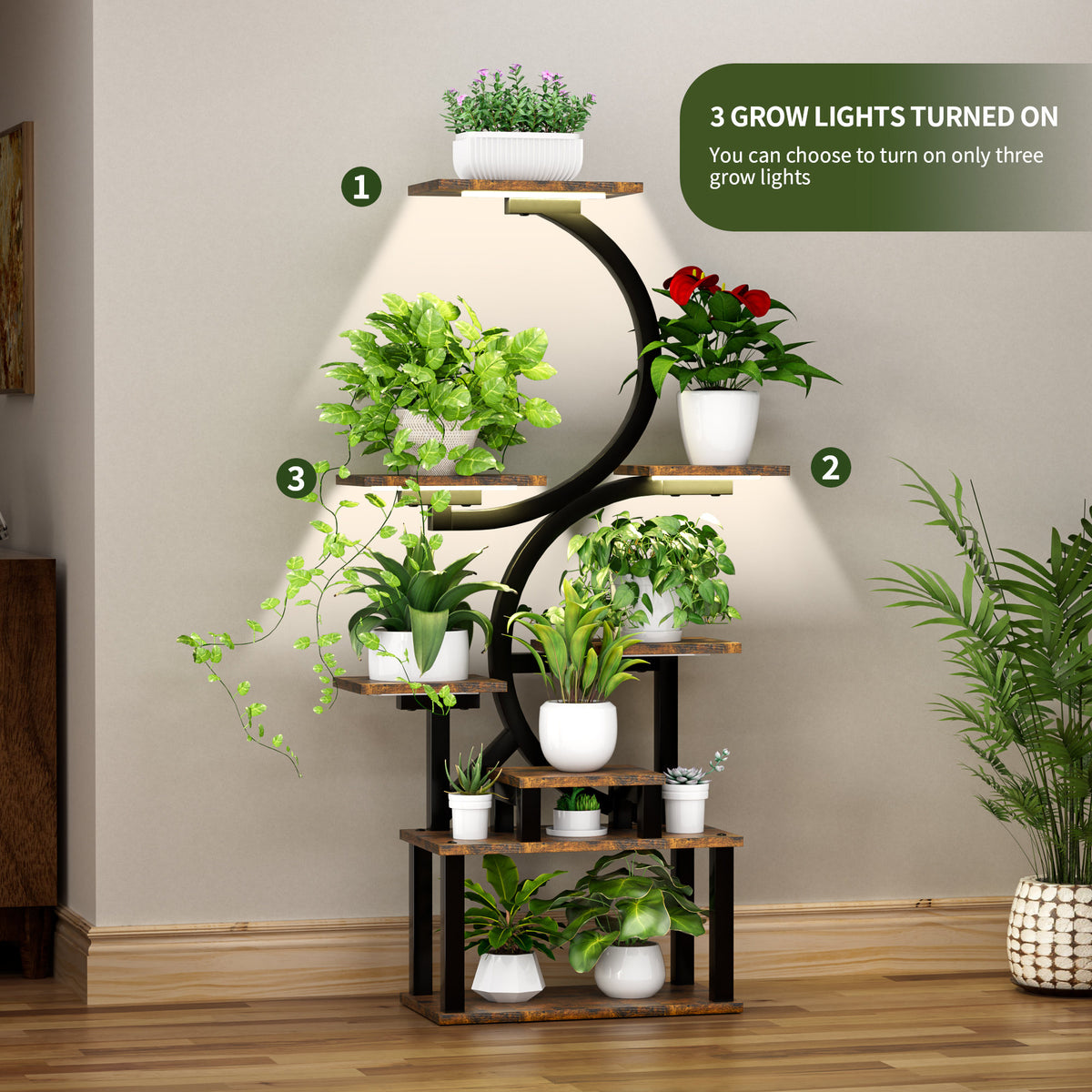 8-Tier Indoor Plant Stand with 5 Grow Lights, Rustic Brown MDF+Metal, 10-Level Dimming, 62-Inch Tall for Living Room or Garden