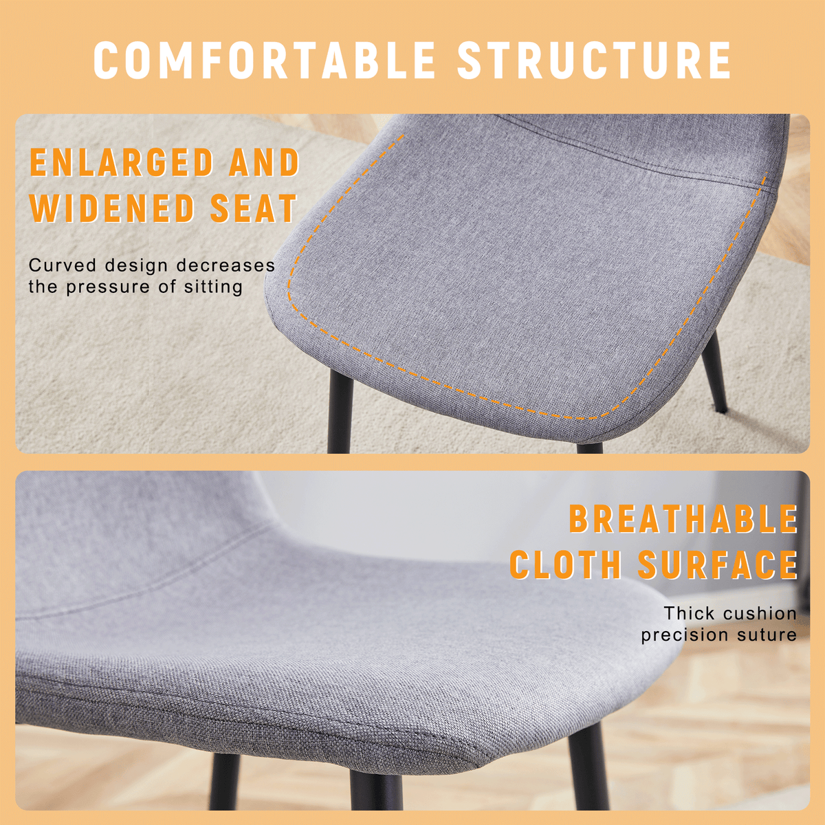 Luxury Simple Chair - Set of 4 Light Gray Linen-Cotton Material High Resilience Dining Chair with Metal Black Leg.Integral metal leg architecture,Suitable for various interior decoration styles.