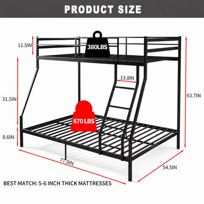 Twin Over Full Bunk Bed, Heavy Duty Metal Bunk Bed Frame with Anti-Slip Ladder & Safety Guardrails, Space-Saving Bunkbeds for Kids Teens Adults, 8.6" Under-Bed Storage, Black