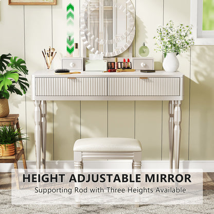Luxury Vanity Desk with Round Mirror,Height-Adjustable, Stylish Dressing Table Set, 4 Drawers & Stool, Champagne