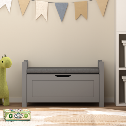 Kids Toy Box Chest for Boys Girls, Large Storage Cabinet with Cushion Seat Bench/ Flip-Top Lid/ Safety Hinge, Toy Storage Organizer Trunk for Nursery, Playroom (Gray)