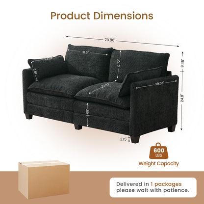 Loveseat Sofa with Cloud 2-Layer Cushion & 27" Deep Seat, Modern Black Couch with 2 Washable Pillows for Small Spaces, Bedroom, Apartment, Office, Living Room