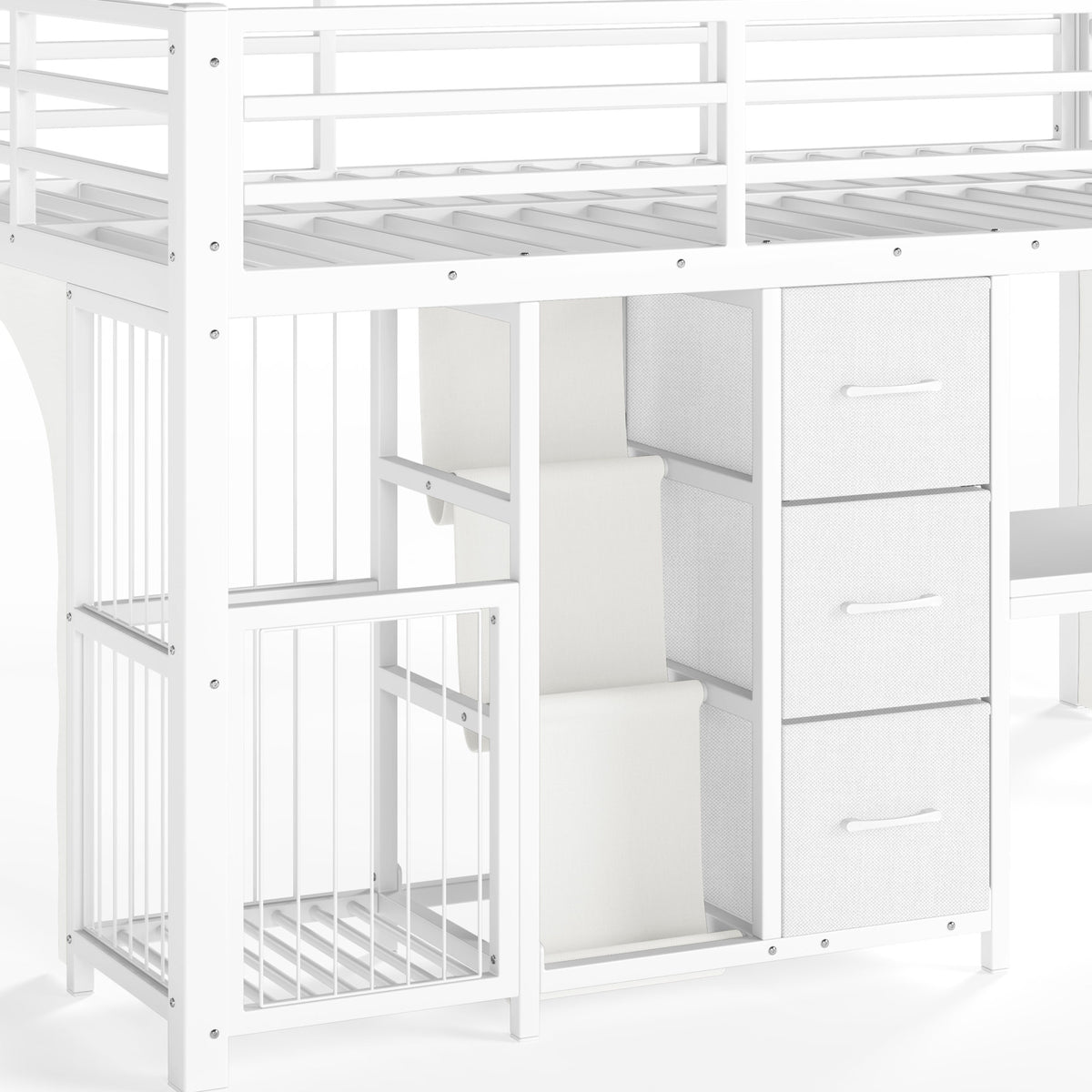 Twin Metal Low Loft Bed for Kids, Low Loft Bed with Storage Drawer, Low Loft Bed with Bookshelf & Built-in Desk, Sturdy Low Loft Bed Frame, Multi-Function Low Loft Bed for Kids.White