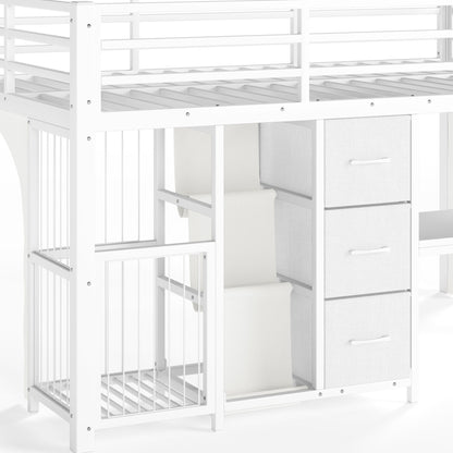 Twin Metal Low Loft Bed for Kids, Low Loft Bed with Storage Drawer, Low Loft Bed with Bookshelf & Built-in Desk, Sturdy Low Loft Bed Frame, Multi-Function Low Loft Bed for Kids.White