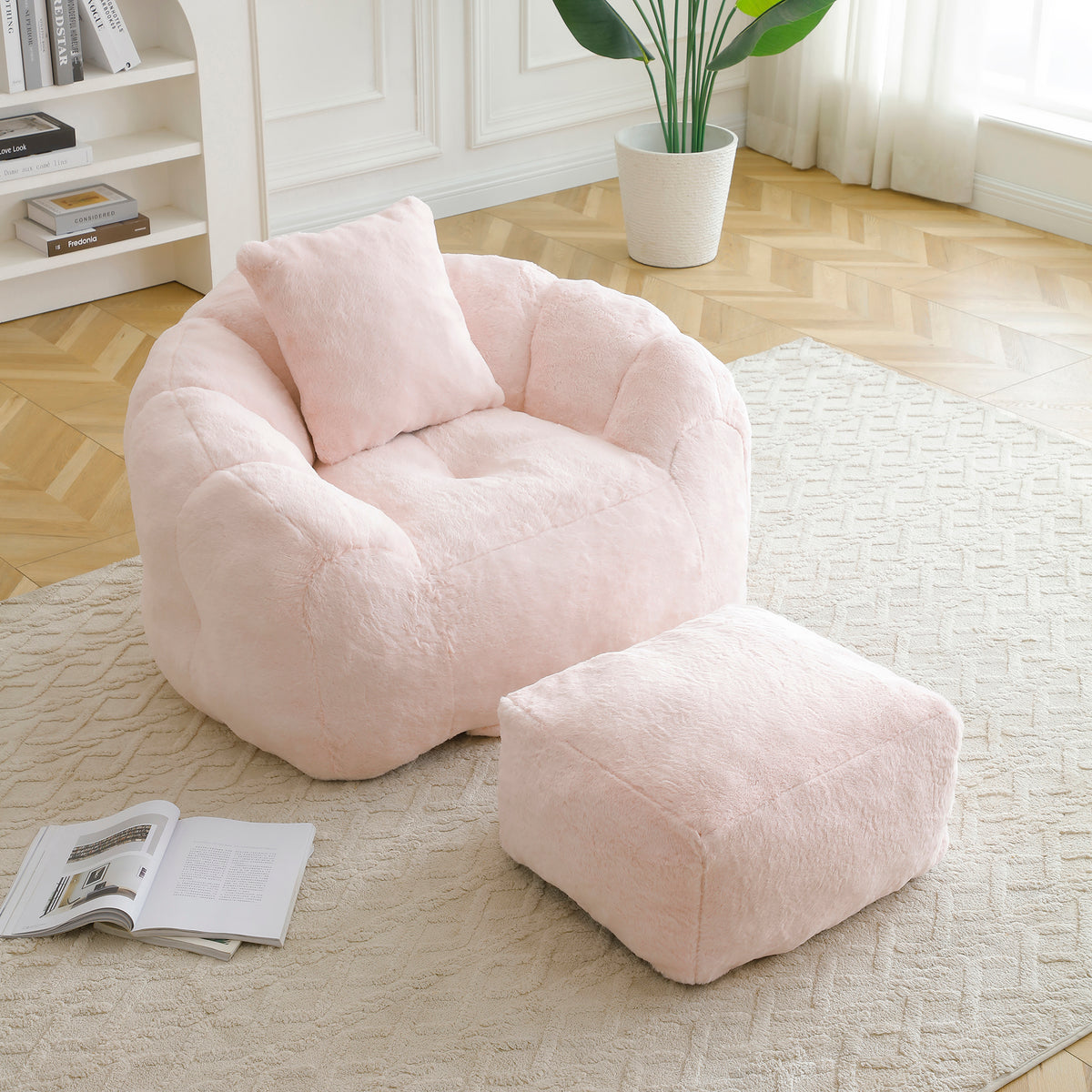Giant Bean Bag Chair withFootstool, Oversized Bean Bag  for Adults and Kids, Faux Fur Shell-Shaped Large Chair with Filler, Stuffed Big Accent Sofa,  Floor Sofa for Gaming,Reading Living Room Bedroom