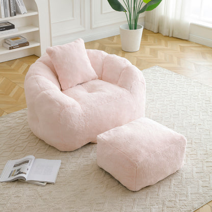 Giant Bean Bag Chair withFootstool, Oversized Bean Bag  for Adults and Kids, Faux Fur Shell-Shaped Large Chair with Filler, Stuffed Big Accent Sofa,  Floor Sofa for Gaming,Reading Living Room Bedroom