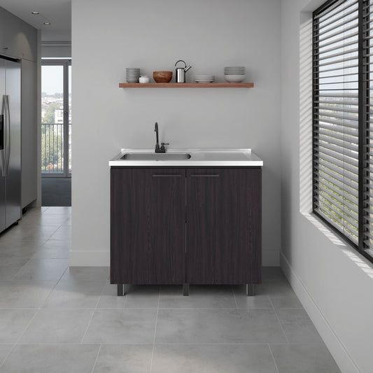 Alatna Freestanding Utility Base Cabinet with Stainless Steel Countertop, 2-Door and Faucet Included, Black Wengue