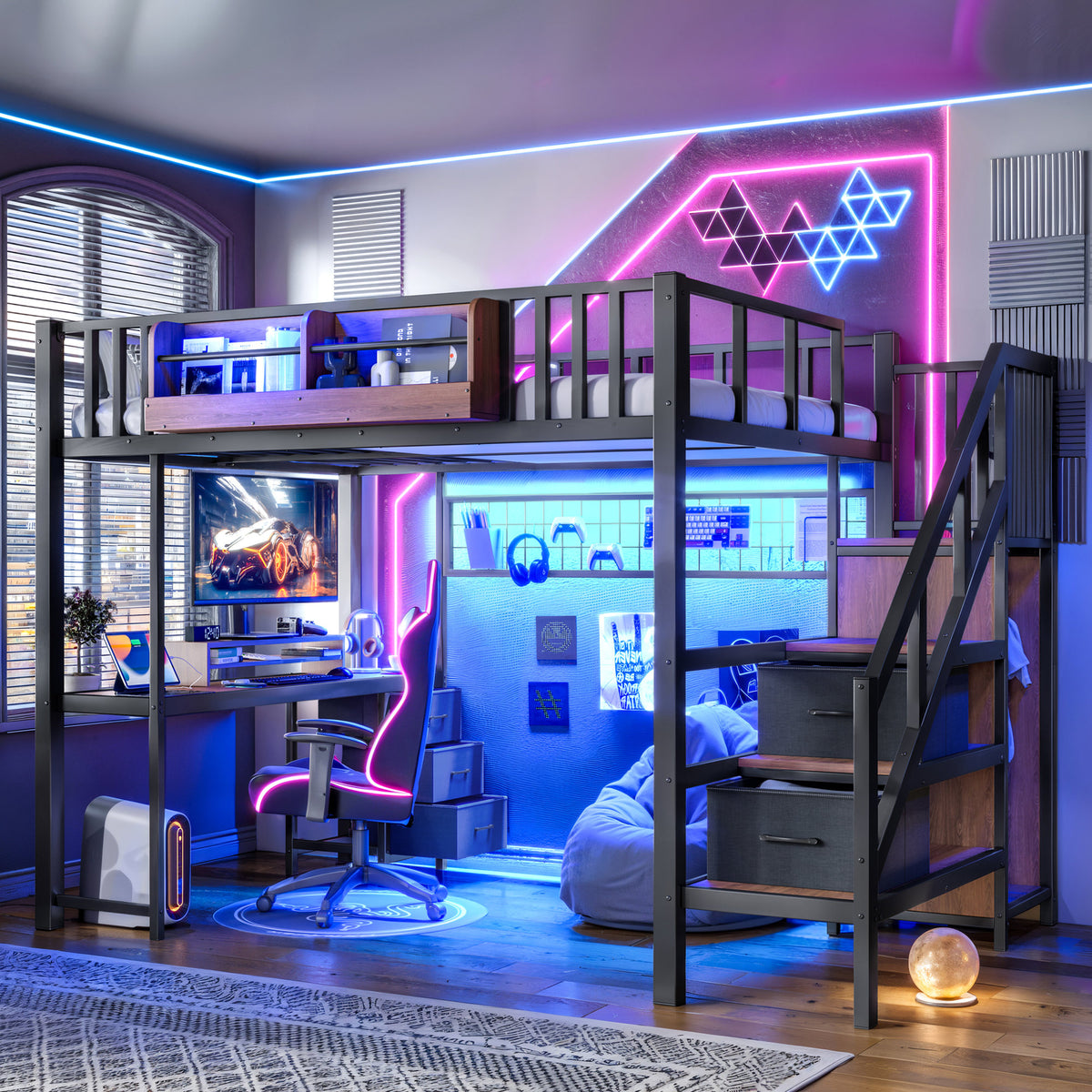 Full Size Loft bed with desk, Heavy Duty save space Loft Bed with Drawers & Storage Stair, All-in-One Metal Frame Multi-Functional Loft Bed for Teens Adults, Black