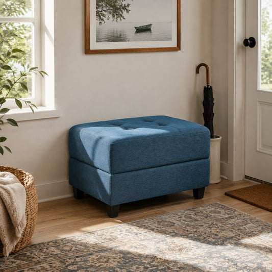 Navy Blue Tufted Ottoman, Fabric Upholstered Footrest with Wood Legs, 28.86"L Indoor Ottoman for Living Room, Bedroom & Entryway,300lbs Weight Capacity