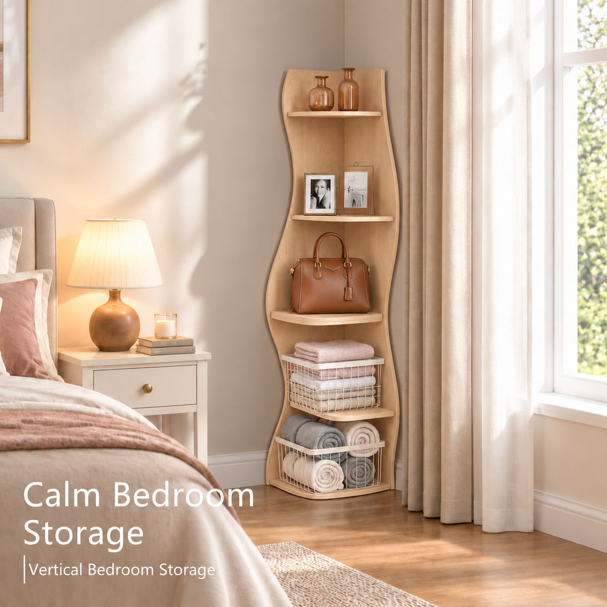(Old Sku : W5156P534910)5-Tier Corner Shelf, Modern Wavy Corner Bookshelf, Tall Corner Storage Rack for Living Room, Bedroom, Kitchen, Home Office, Space-Saving Display Stand with Rounded Edges