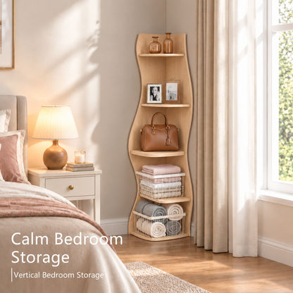 (Old Sku : W5156P534910)5-Tier Corner Shelf, Modern Wavy Corner Bookshelf, Tall Corner Storage Rack for Living Room, Bedroom, Kitchen, Home Office, Space-Saving Display Stand with Rounded Edges