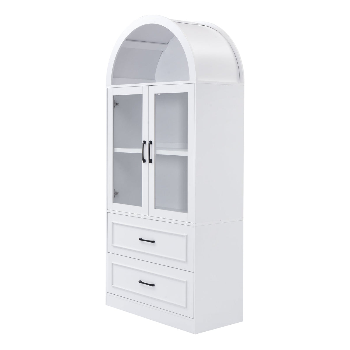 [Video] Modern Minimalist Arched Top Storage Cabinet with Tempered Glass Doors, Fixed 2-Tier Shelves, 2 Large Drawers, Soft Close Hinges & Exquisite Metal Handles, White