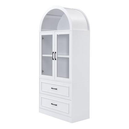 [Video] Modern Minimalist Arched Top Storage Cabinet with Tempered Glass Doors, Fixed 2-Tier Shelves, 2 Large Drawers, Soft Close Hinges & Exquisite Metal Handles, White