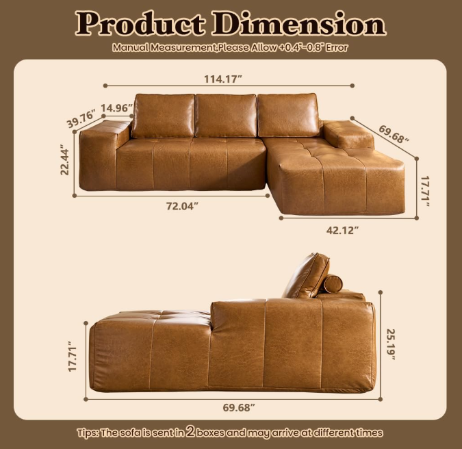 Boneless Couches for Living Room, Brown Faux Leather Cloud Sectional Couches with Chaise, Deep Seat L Shaped Modular Sofa, No Assembly Required Sofas in a Box(Right,Faux Leather,Brown)