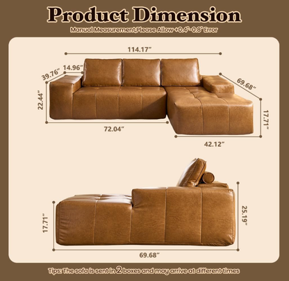 Boneless Couches for Living Room, Brown Faux Leather Cloud Sectional Couches with Chaise, Deep Seat L Shaped Modular Sofa, No Assembly Required Sofas in a Box(Right,Faux Leather,Brown)