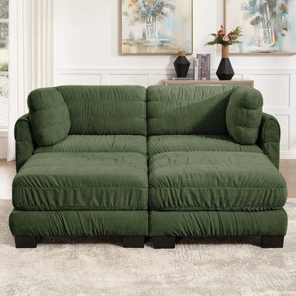2 Seat Ruched Detailing Chenille Modular Sectional Sofa,Movable 2 Ottomans,High-Density Foam,L Shape Thickened  Back Cushions,Easy Assembly,For Living Room,Bedroom,Green