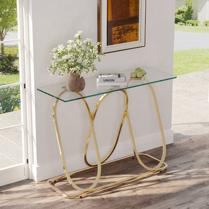 43.3' Modern Tempered Glass Console Table with Ring-Shaped Frames, Metal Frame and Clear Tempered Glass,Suitable for Living Room,Hallway,Corridor and Bedroom - Gold