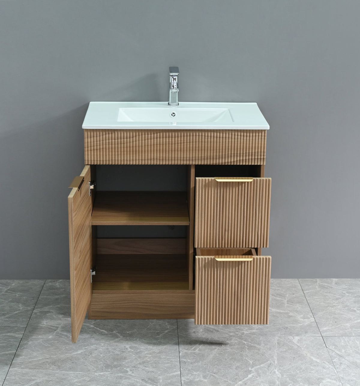 Goodyo 30" Mid-Century Modern Bathroom Vanity with White Ceramic Sink Combo Set, Freestanding Fluted MDF Cabinet with 1 Door and 2 Drawers, Gold Finish Handles, Natural Walnut Pattern