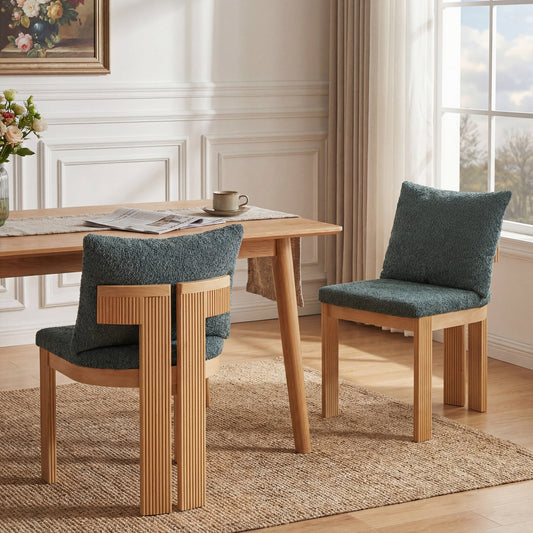 Indoor Boucle Dining Chair Set of 2, Rubber Wood Frame, Plush Green Boucle Seating, 250lbs Weight Capacity for Kitchen & Dining Room
