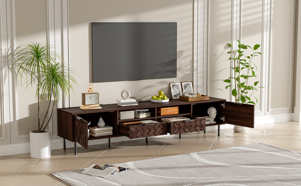 Modern 78 inch TV Stand for TVs up to 85 inches, Walnut Finish with Closed Storage, Soft-Closing Hinges, Iron Legs