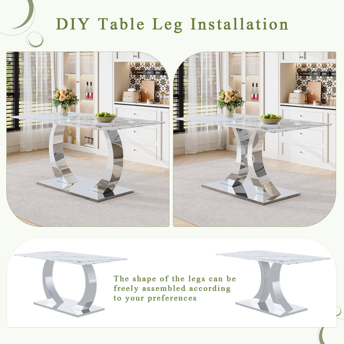 Transformable Heavy-Duty Stainless Steel Base in Silver 63" x 35" Dining Table  Luxury Pandora White Pattern Tempered Glass Rock Top for Kitchen Dining Room