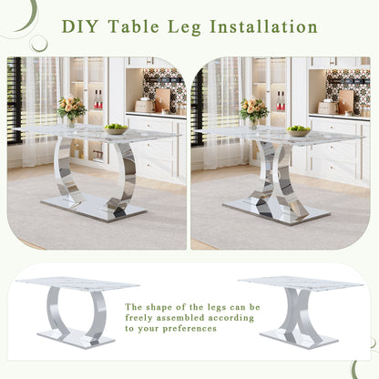 Transformable Heavy-Duty Stainless Steel Base in Silver 63" x 35" Dining Table  Luxury Pandora White Pattern Tempered Glass Rock Top for Kitchen Dining Room