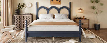 Queen Size Platform Bed with Arched Woven Headboard, Four Poster Stylish Wooden Bed Frame, Elegant Curved Headboard Bed Frame For Bedroom,Blue