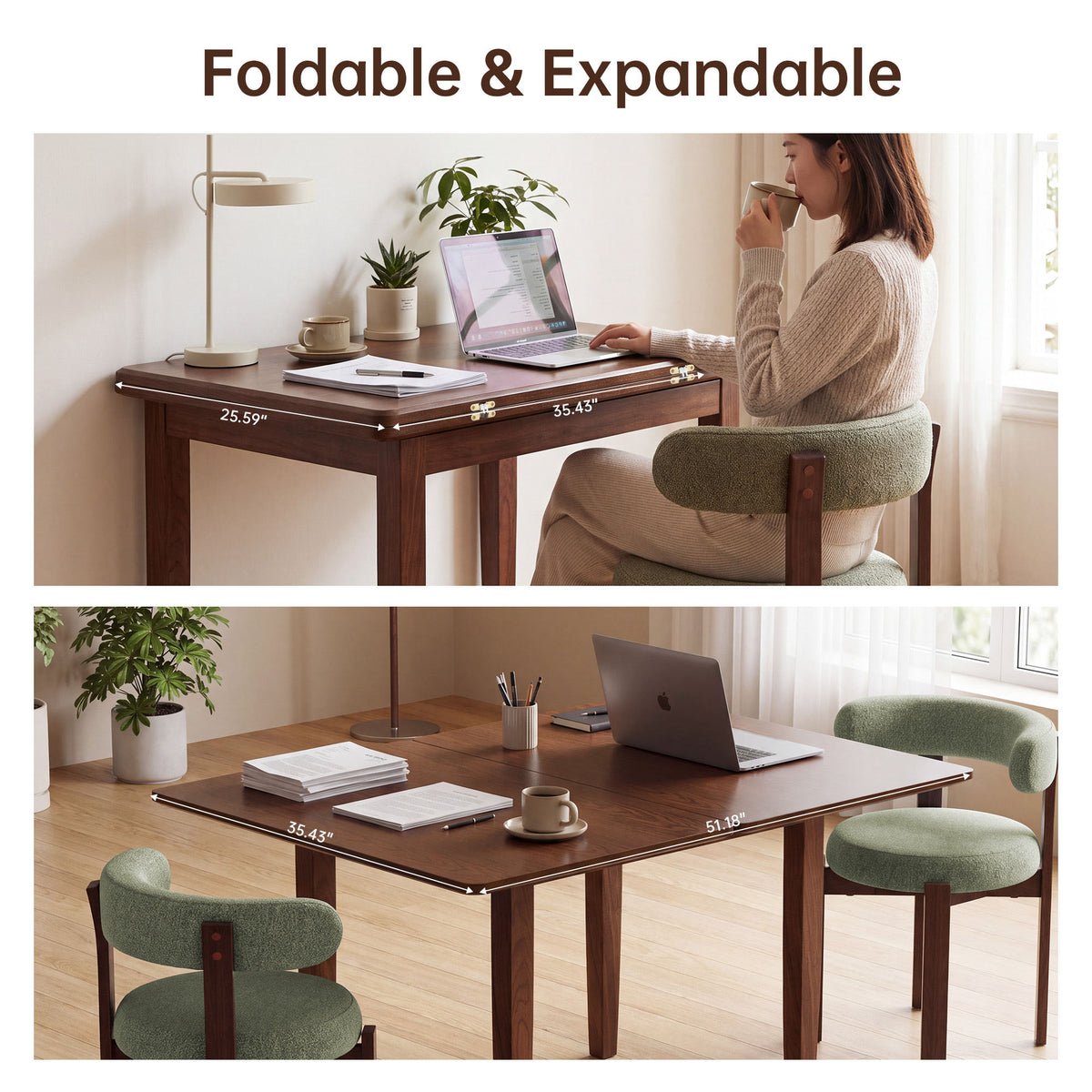51.2" Solid Wood Folding Dining Table, Rotating Drop Leaf Design with Walnut Finish, Space-Saving Kitchen Table for 4-6 People, Farmhouse Style for Small Apartments, Easy Assembly