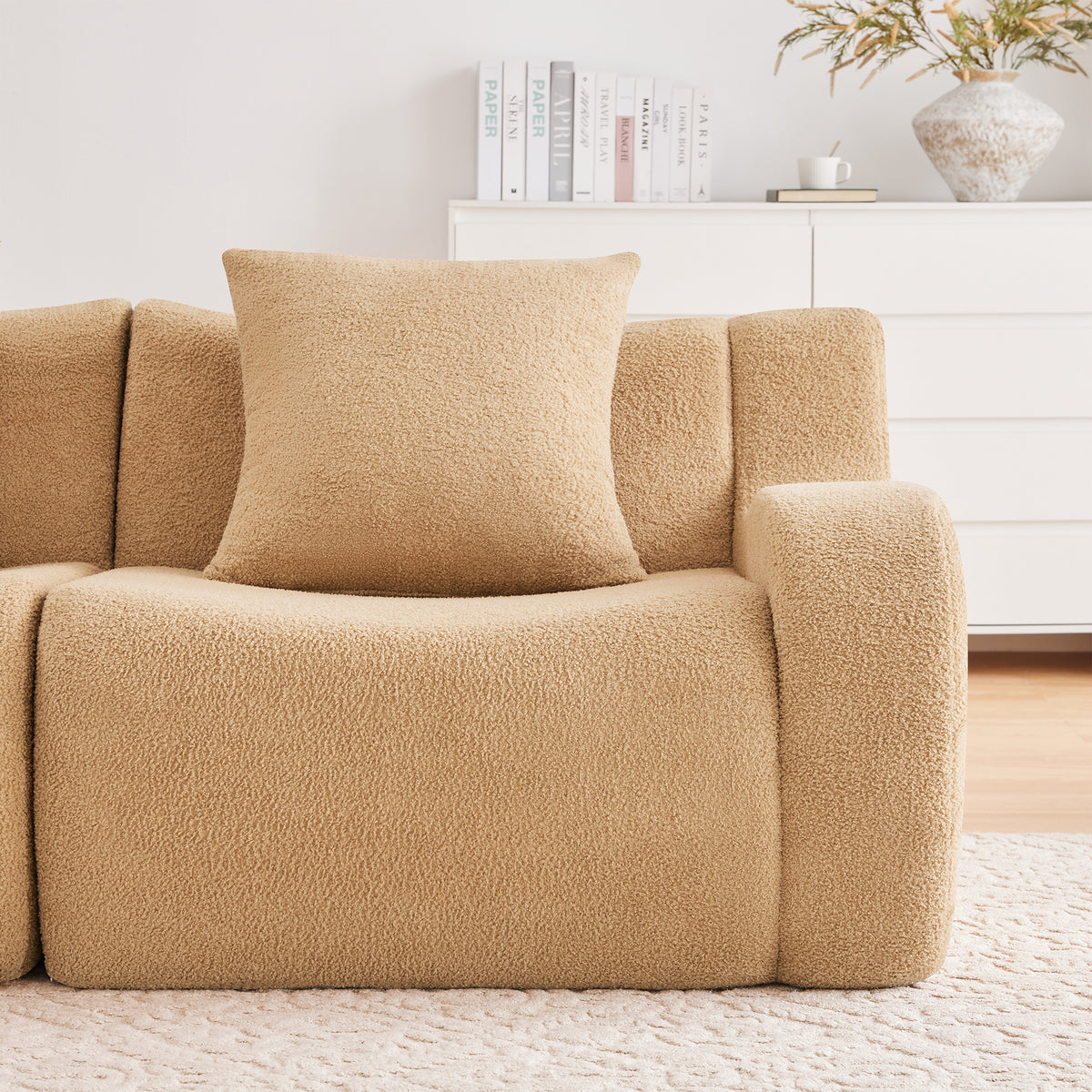 Armless Sofa W/Pillow Teddy Fabric-Camel