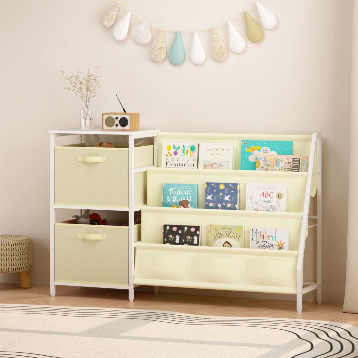 Kids Bookshelf with 3-Tier Front-Facing Book Display, 2 Storage Bins and Bottom Cabinet, Children's Bookcase Organizer for Bedroom, Playroom and Nursery