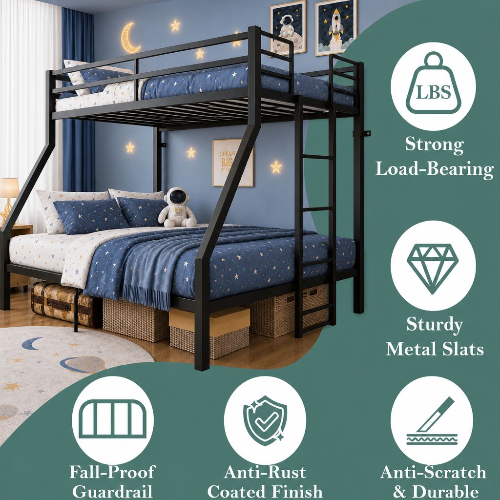 Heavy Duty Twin over Queen Metal Bunk Bed with 1200 LBS Capacity, Noise-Free Structure with Wall Mount & Anti-Slip Ladder