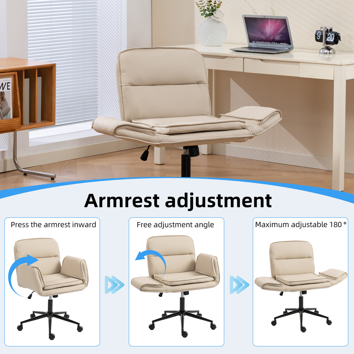 Criss Cross Chair with 5-Gear Adjustable Armrests & Wheels, Ergonomic Thickened Backrest Swivel Desk Chair for Home Office, Vanity, Bedroom and Living Room, Beige Pu