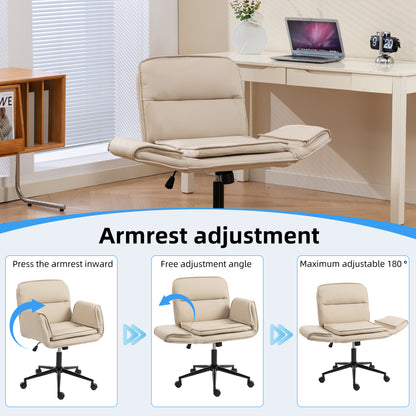 Criss Cross Chair with 5-Gear Adjustable Armrests & Wheels, Ergonomic Thickened Backrest Swivel Desk Chair for Home Office, Vanity, Bedroom and Living Room, Beige Pu