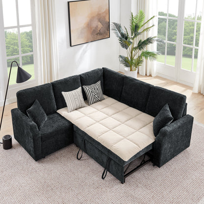 81.2'' Modular Sectional Sofa with Pull Out Bed, 5-Seater L Shaped Sectional Sleeper Couch with Hidden Storage, Chenille Convertible Couches for Living Room, Apartment (Black)