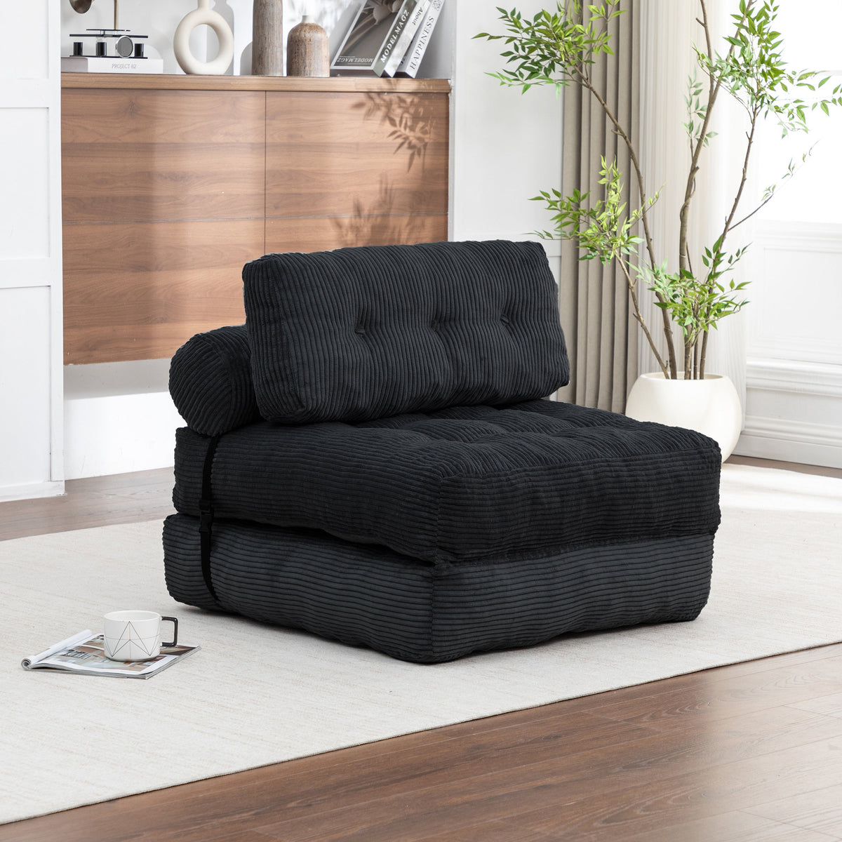 Folding Sofa Bed, Convertible Sleeper Chair with Pillow Foldable Mattress with Back Support, Portable Fold Out Chair Bed Comfy Floor Sofa Lounge for Living Room Bedroom, Black , Single