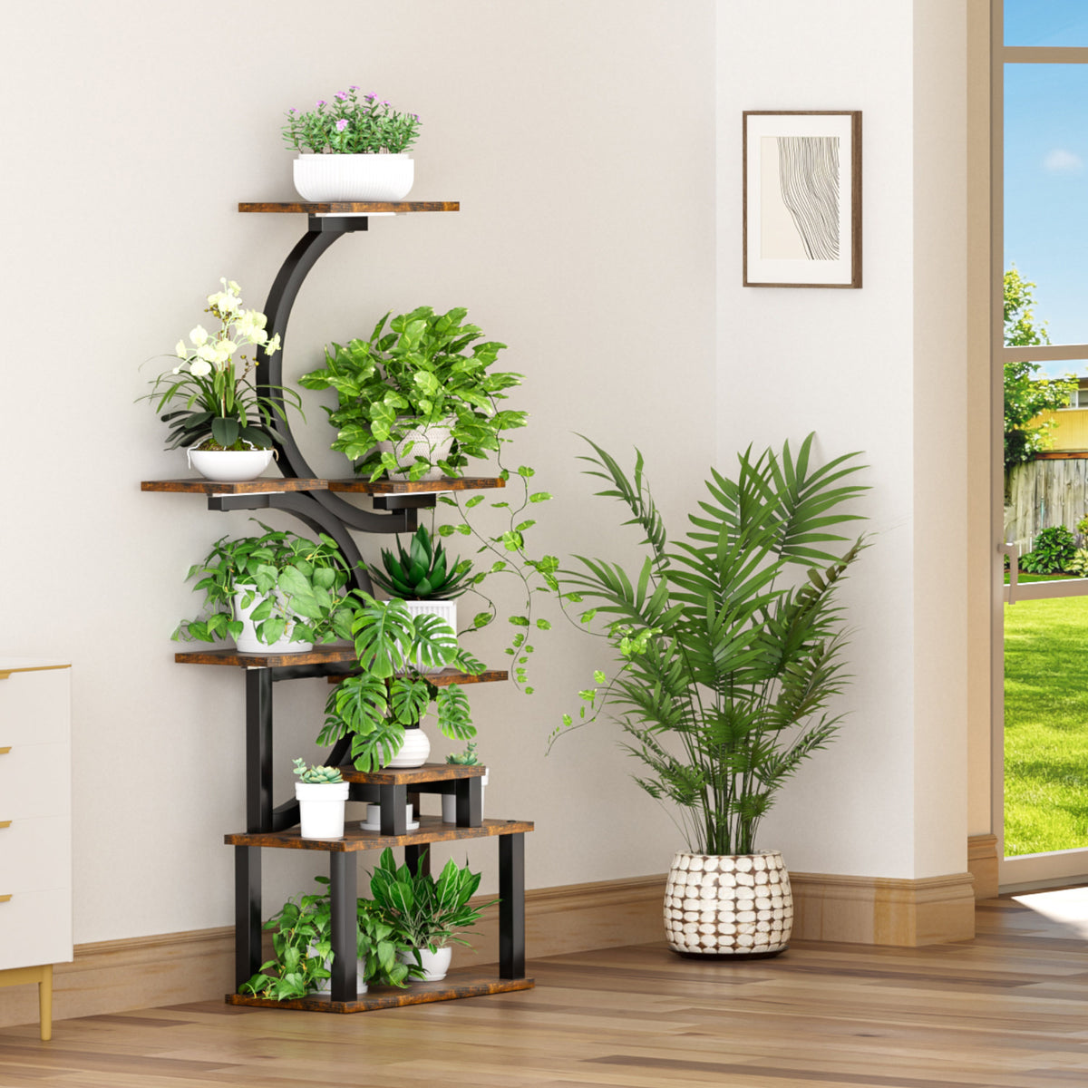 8-Tier Indoor Plant Stand with 5 Grow Lights, Rustic Brown MDF+Metal, 10-Level Dimming, 62-Inch Tall for Living Room or Garden