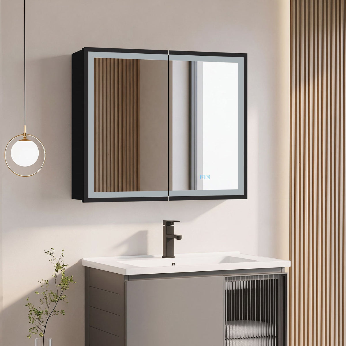 30*26 inch Black Metal Framed Wall mount LED Bathroom Medicine Cabinet with Mirror