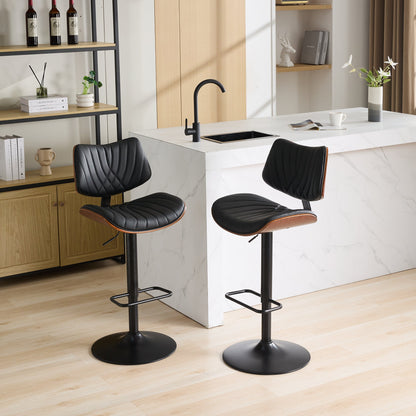 Walnut Bentwood Bar Stools Mid Century Modern Adjustable Counter Height Black Leather Upholstered 360°Swivel Bar Chairs for Kitchen – Model W1143P173514