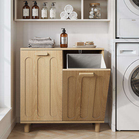 Tilt-out laundry cabinet with removable basket, concealed laundry storage, bathroom laundry storage unit, freestanding home storage rack, oak finish