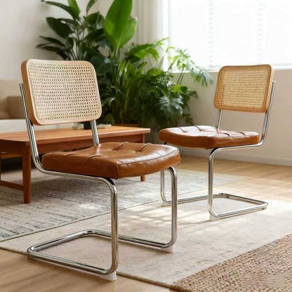 Dining Chairs Set of 2, Faux Leather Rattan Side Accent Chairs with Chrome Legs, Modern Mid Century Breuer Designed Chairs, Upholstered Dining Living Room Kitchen Chairs (Brown-2pcs)