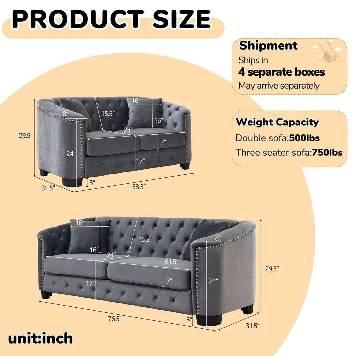 Velvet Chelsfield Sofa Set, featuring extra-deep seat cushions with padded armrests, tufted buttons, and brass studs, complete with throw pillows and plastic legs
