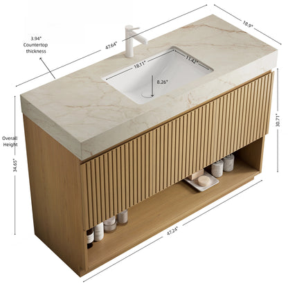 FINO 48" Bathroom Vanity&Sink,Freestanding Cabinet,Cream Gold Vein Sintered Stone Top&Ceramic Basin with 1 Pre-drilled Faucet Hole, Disassembled, Faucet & Drain Excluded, Corolla Oak Woodgrain Color