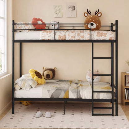 Twin Over Twin Metal Bunk Bed, Heavy Duty Bed Frame with Anti-Slip Ladder & Tall Safety Guardrails, Space-Saving Bunkbeds with Under-Bed Storage for Kids Teens Adults, Black