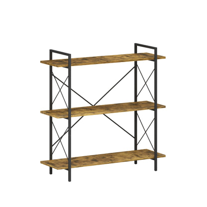 3-Tier Bookshelf, Horizontal Bookcase with Open Storage Shelves, Rustic Industrial Plant Stand, Wood & Metal Shelf for Living Room, Bedroom & Home Office (Rustic Brown)