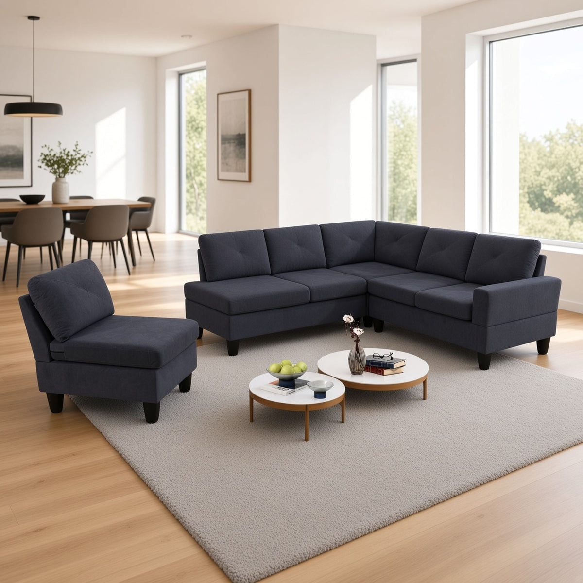 95.5 x 75 Inches Width Dark Grey Modular L-Shaped Sectional Sofa 6-Seater 4-Piece Massa Flannel Fabric Couch with Chaise