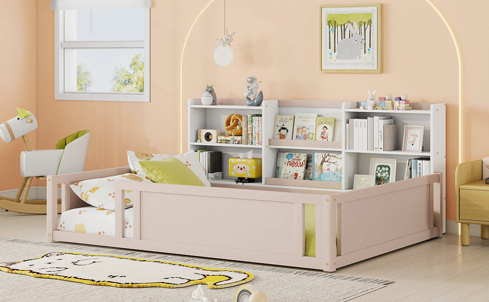 Full Size Wooden Platform Floor Bed with Guardrail Fence and Convenient Side Storage Shelves, Space-Saving Kids Bed Frame,Nude and White
