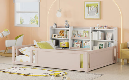 Full Size Wooden Platform Floor Bed with Guardrail Fence and Convenient Side Storage Shelves, Space-Saving Kids Bed Frame,Nude and White