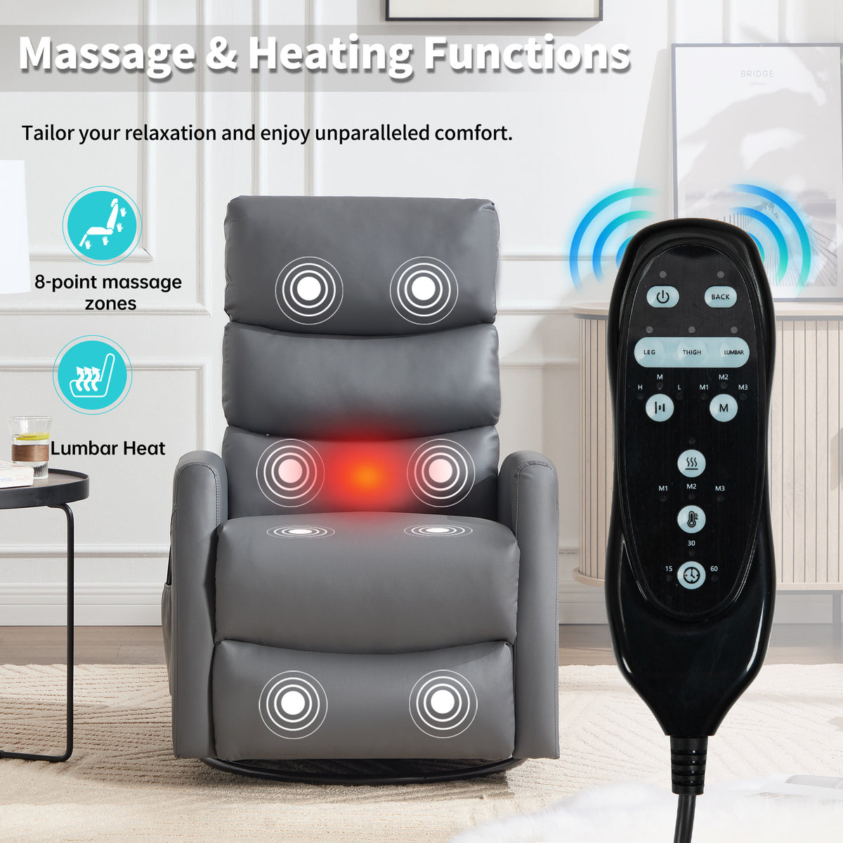 Heat Massage Manual Recliner Chair with Rocker and Swivel in Fabric, Grey – Model W3224P322245