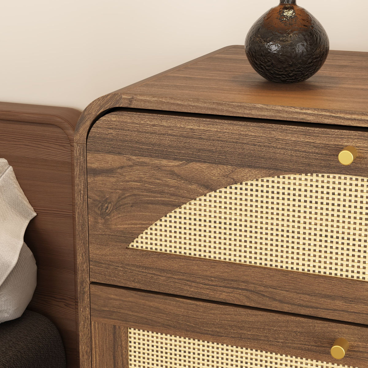 Walnut Finish 8‑Drawer Dresser with Rattan Front, Wide Particle Board Chest of Drawers, Modern Wooden Storage Cabinet
